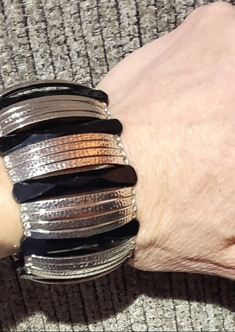 Metallic Pull On Cuff Style Bracelet Silver Black